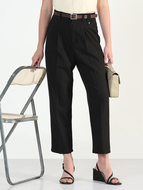 women solid high rise pleated staight trouser - 21946391 -  Standard Image - 0