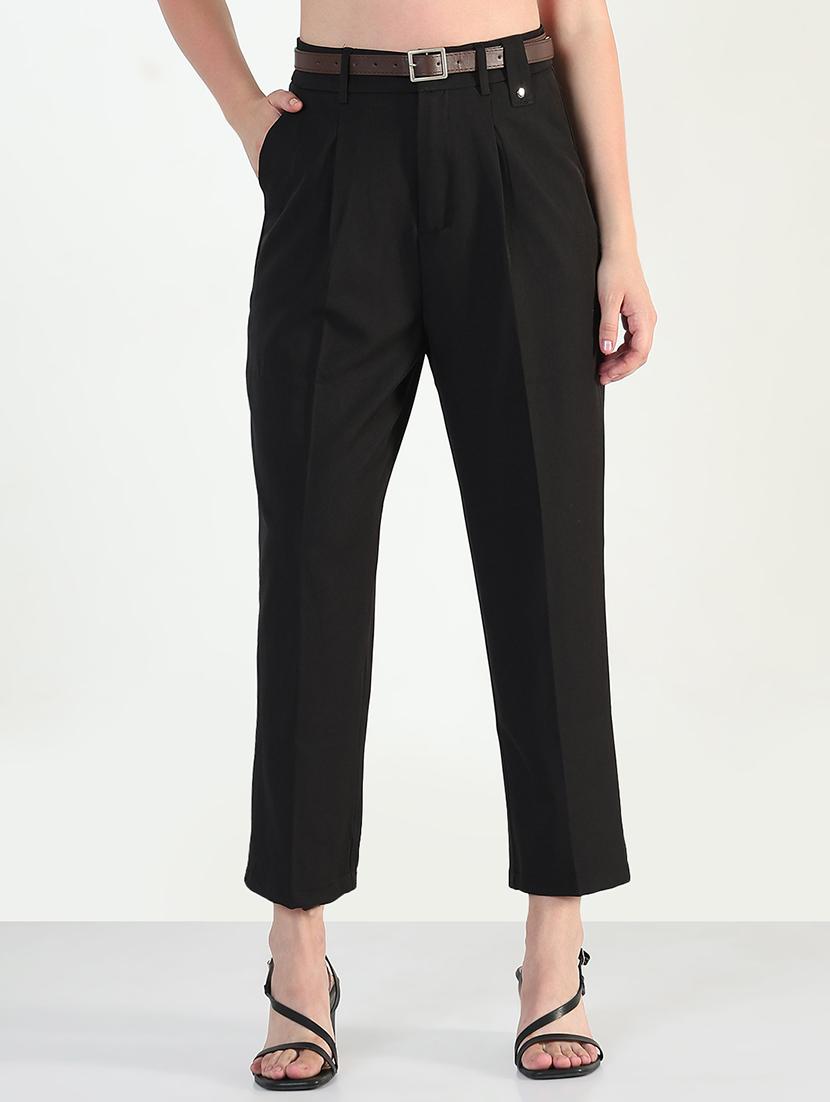 women solid high rise pleated staight trouser - 21946391 - Standard Image - 1