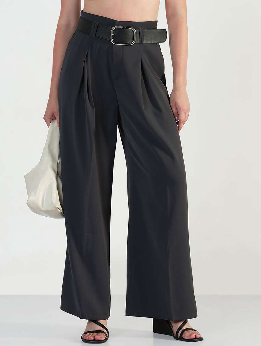 women solid high rise korean pants  - 21946393 -  Zoom Image - 0