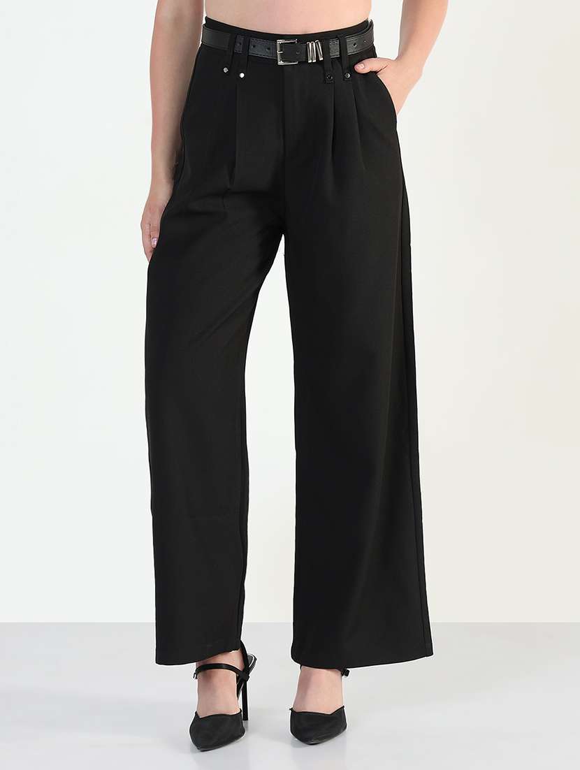 women solid high rise pleated staight trouser - 21946396 -  Standard Image - 1