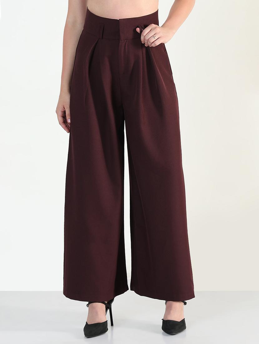 women solid high rise widw leg korean pants - 21946400 - Standard Image - 1