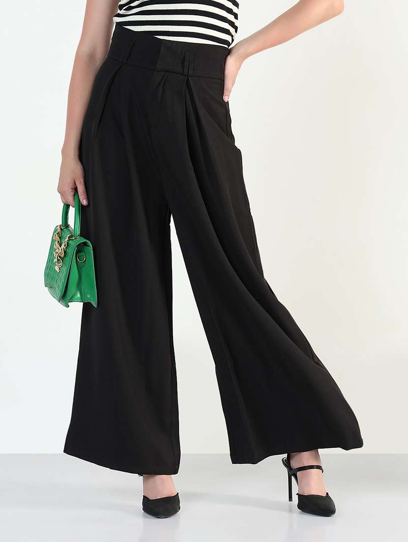 women solid high rise wide leg korean pants 