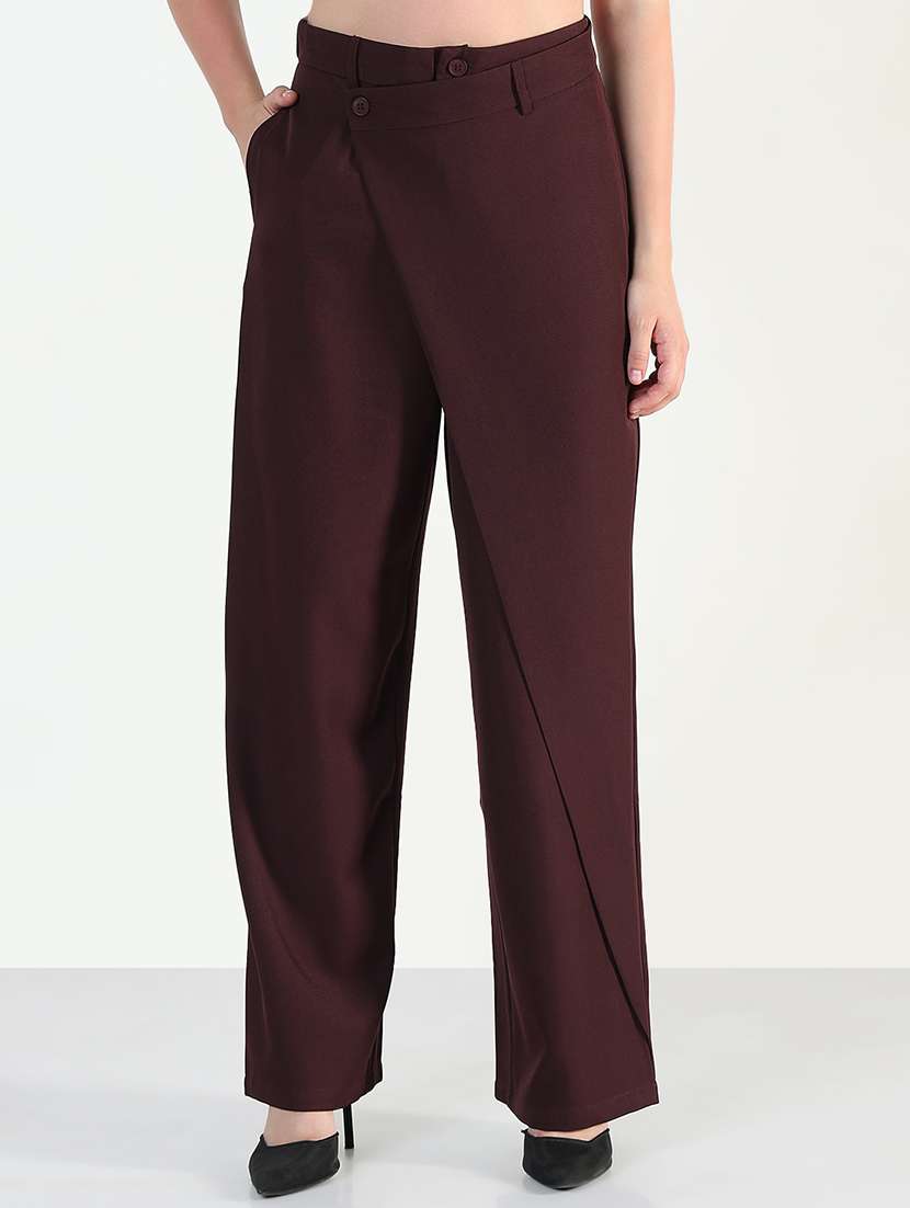 women burgundy solid high rise straight trouser - 21946403 -  Standard Image - 1
