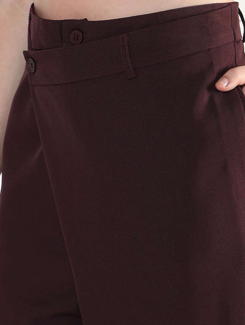 women burgundy solid high rise straight trouser - 21946403 -  Standard Image - 4