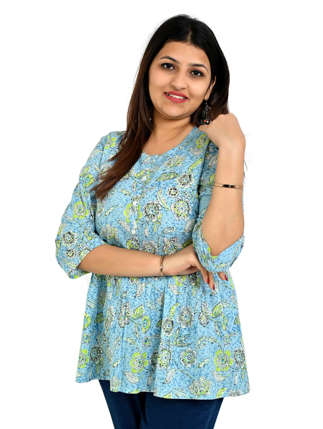 women three quarter sleeve a-line ethnic top - 21946418 -  Standard Image - 1