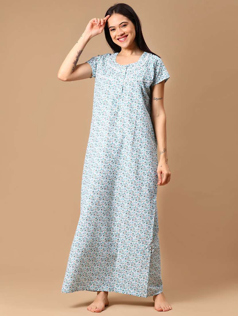 women light blue printed short sleeve nighty - 21946421 -  Standard Image - 1