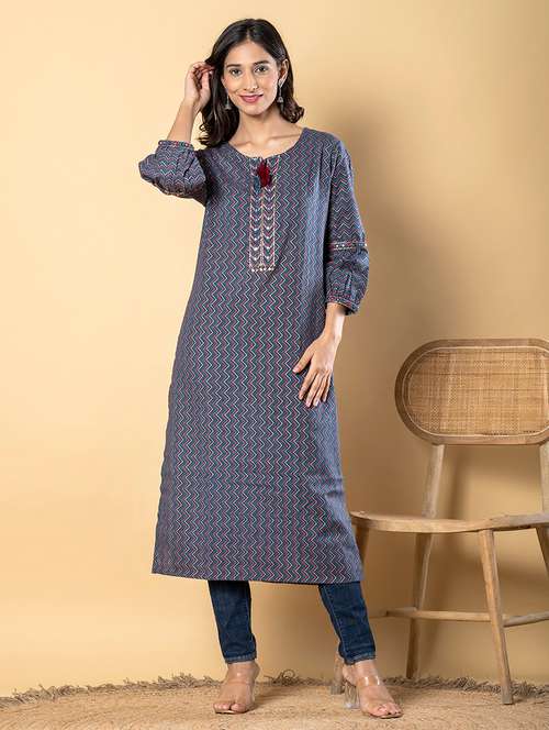 women navy blue long sleeve straight kurta - 21946446 -  Standard Image - 0