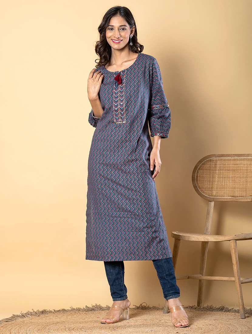 women navy blue long sleeve straight kurta - 21946446 -  Standard Image - 1