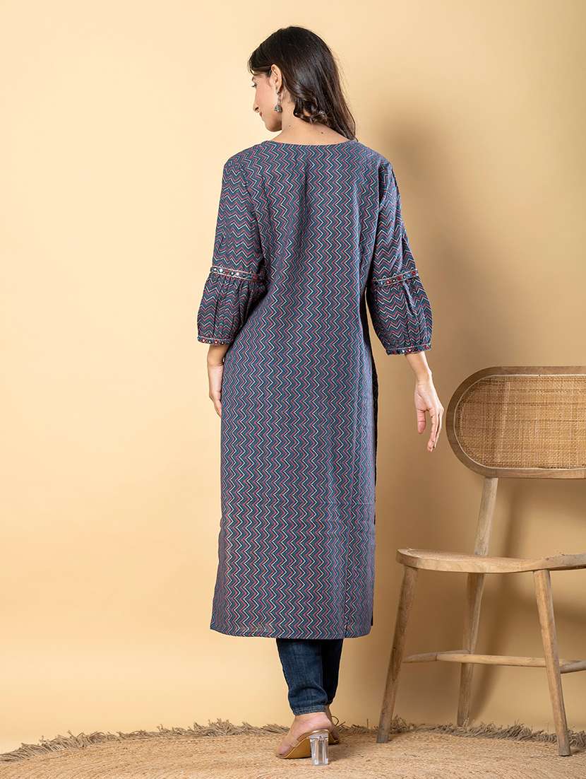women navy blue long sleeve straight kurta - 21946446 -  Standard Image - 4