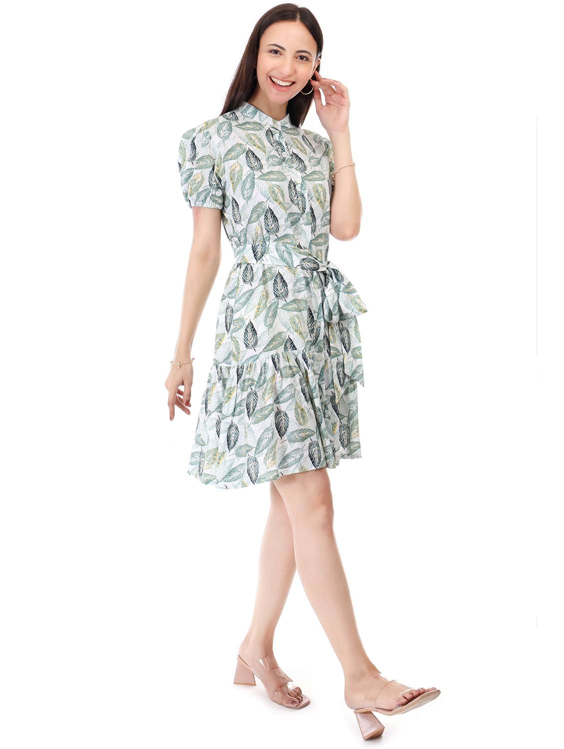 women printed mandarin neck puff sleeve tiered dress - 21946607 - Standard Image - 1