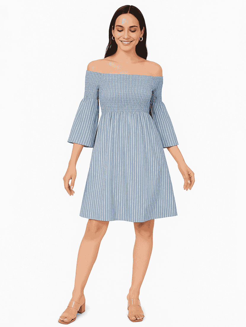 women striped off shoulder a-line dress - 21946611 - Zoom Image - 0