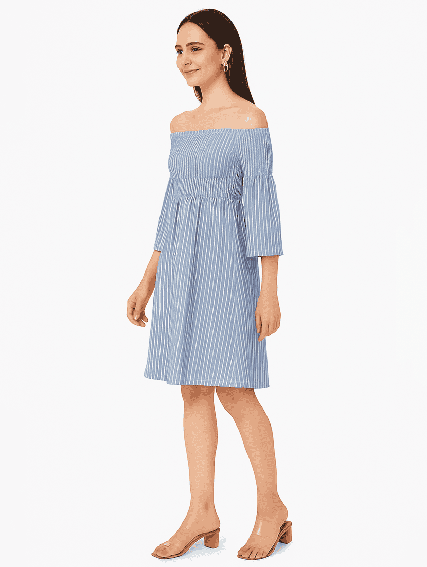 women striped off shoulder a-line dress - 21946611 - Standard Image - 1