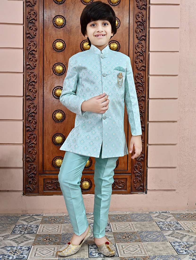 boys self design mandarin neck sherwani set