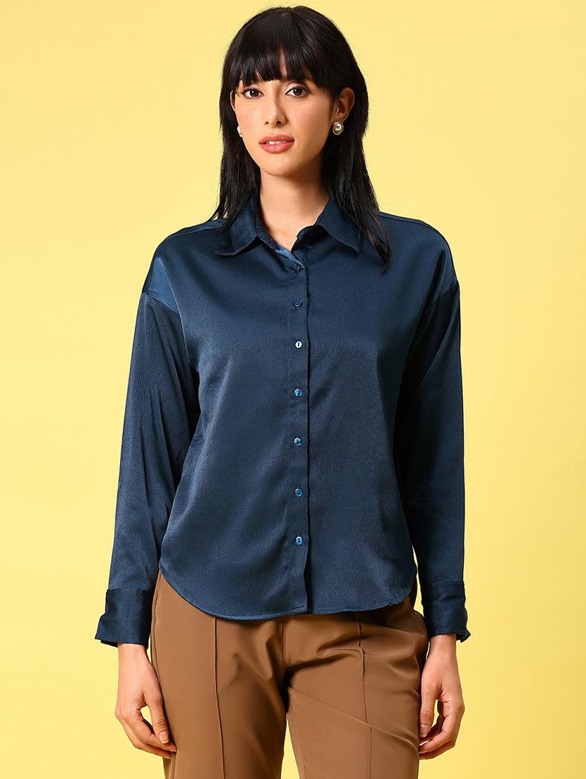 women solid collored long sleeve high low shirt - 21946731 - Standard Image - 1