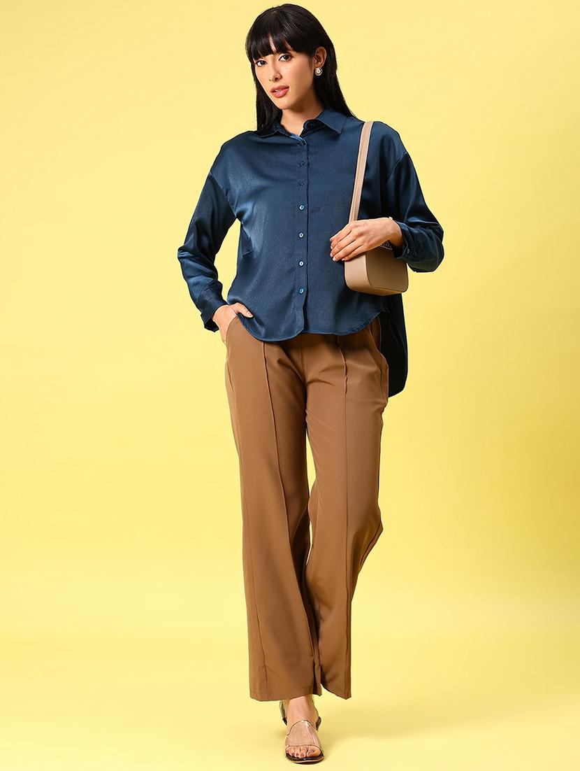 women solid collored long sleeve high low shirt - 21946731 - Standard Image - 4