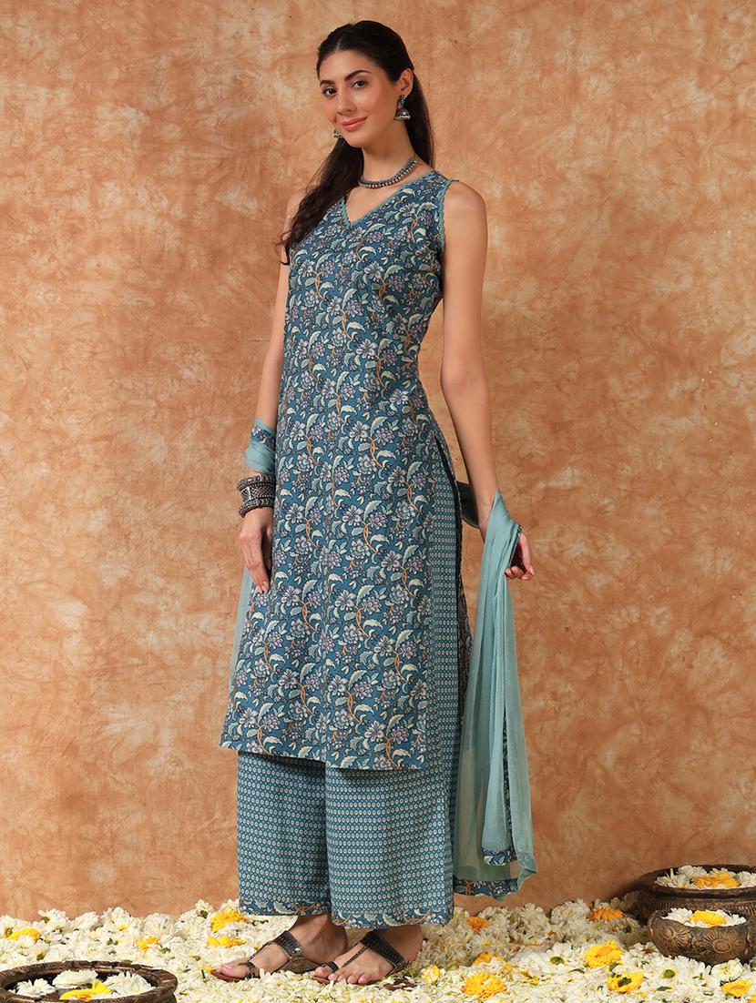 women floral printed sleeveless kurta palazzo with dupatta set - 21946742 -  Standard Image - 1