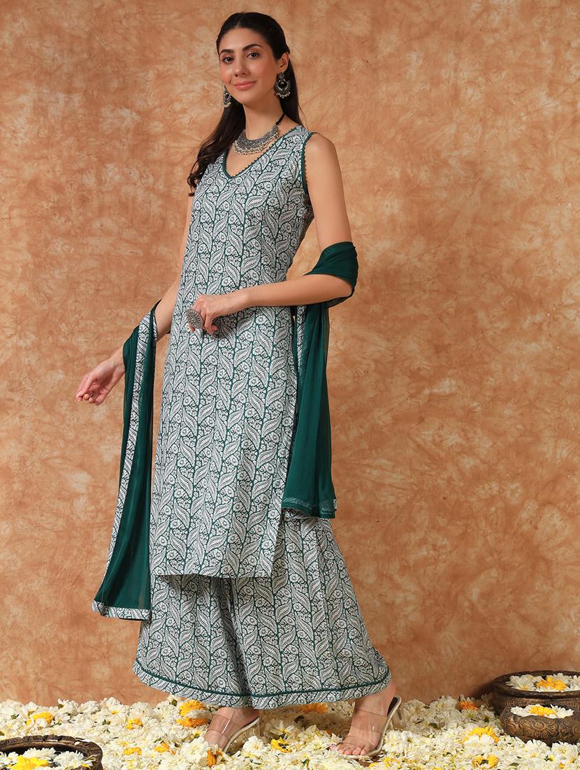 women printed sleeveless kurta palazzo with dupatta set - 21946743 -  Standard Image - 1