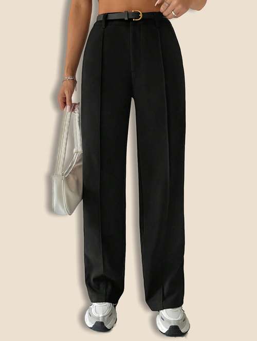 women solid high rise straight trouser - 21946774 -  Standard Image - 0
