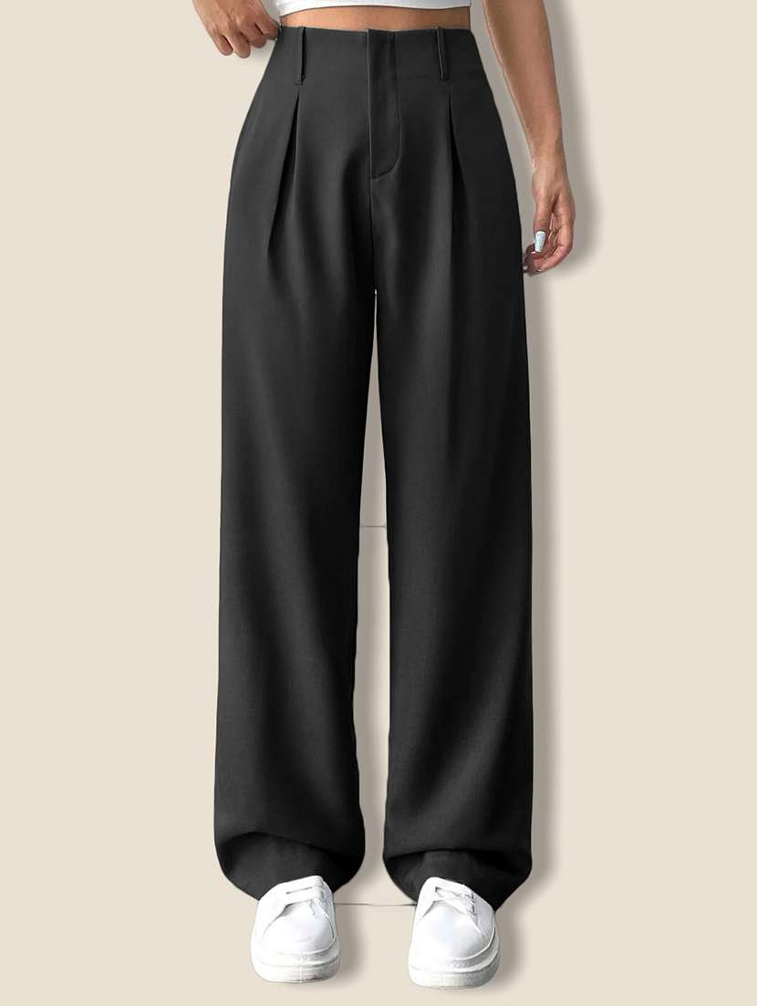 women solid high rise korean trouser