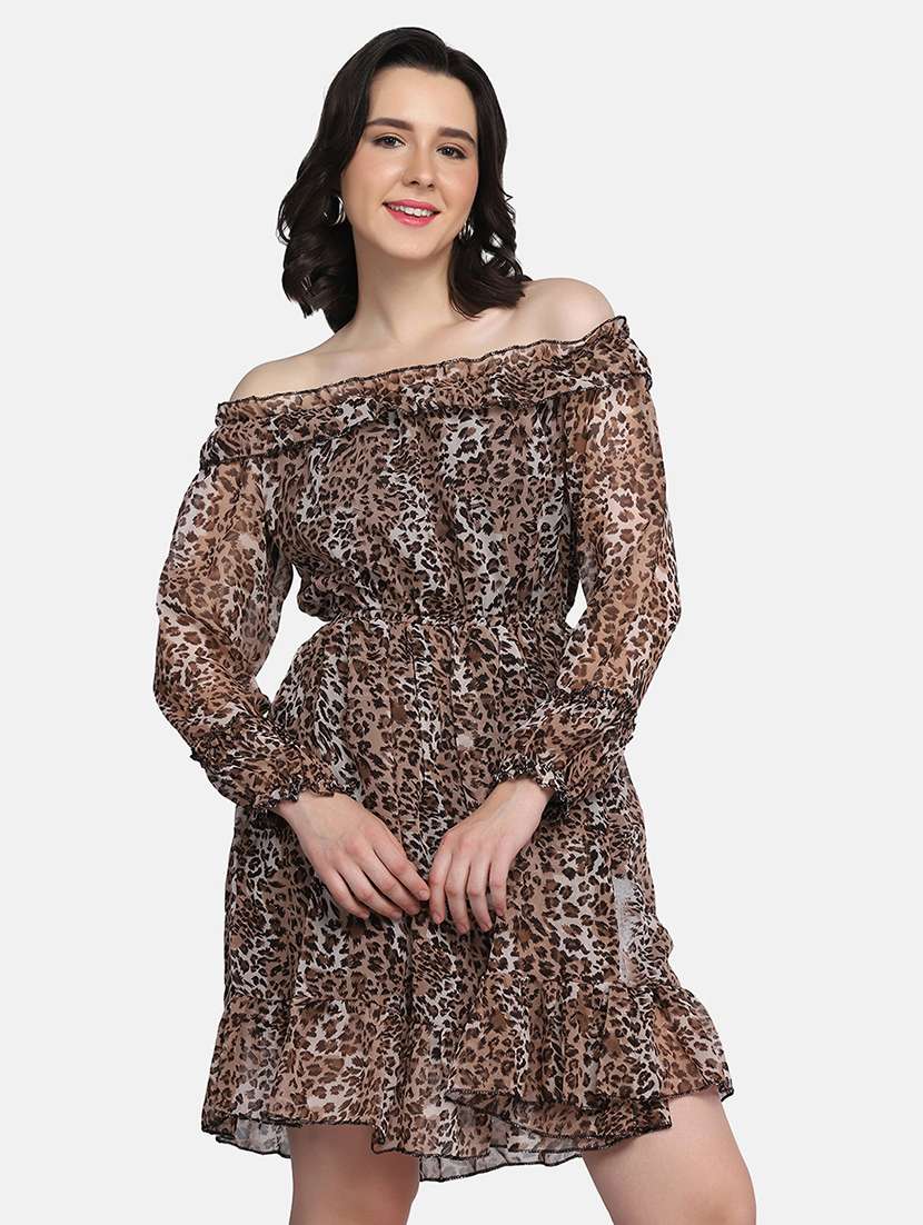 women animal print off shoulder tiered dress - 21946790 - Standard Image - 1