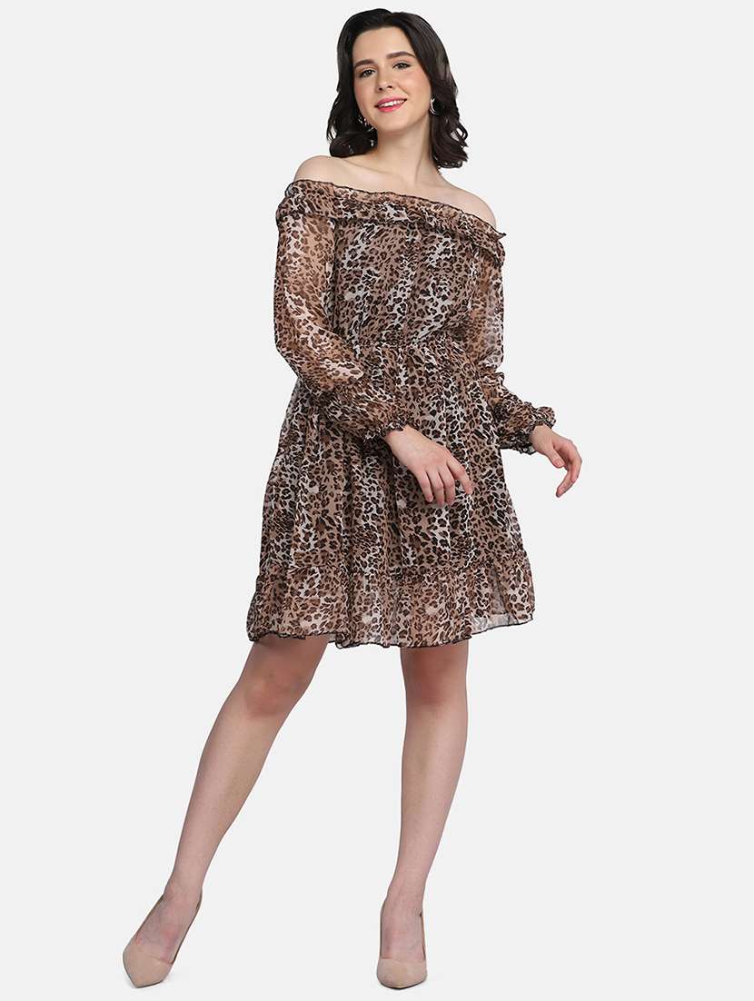 women animal print off shoulder tiered dress - 21946790 - Standard Image - 4