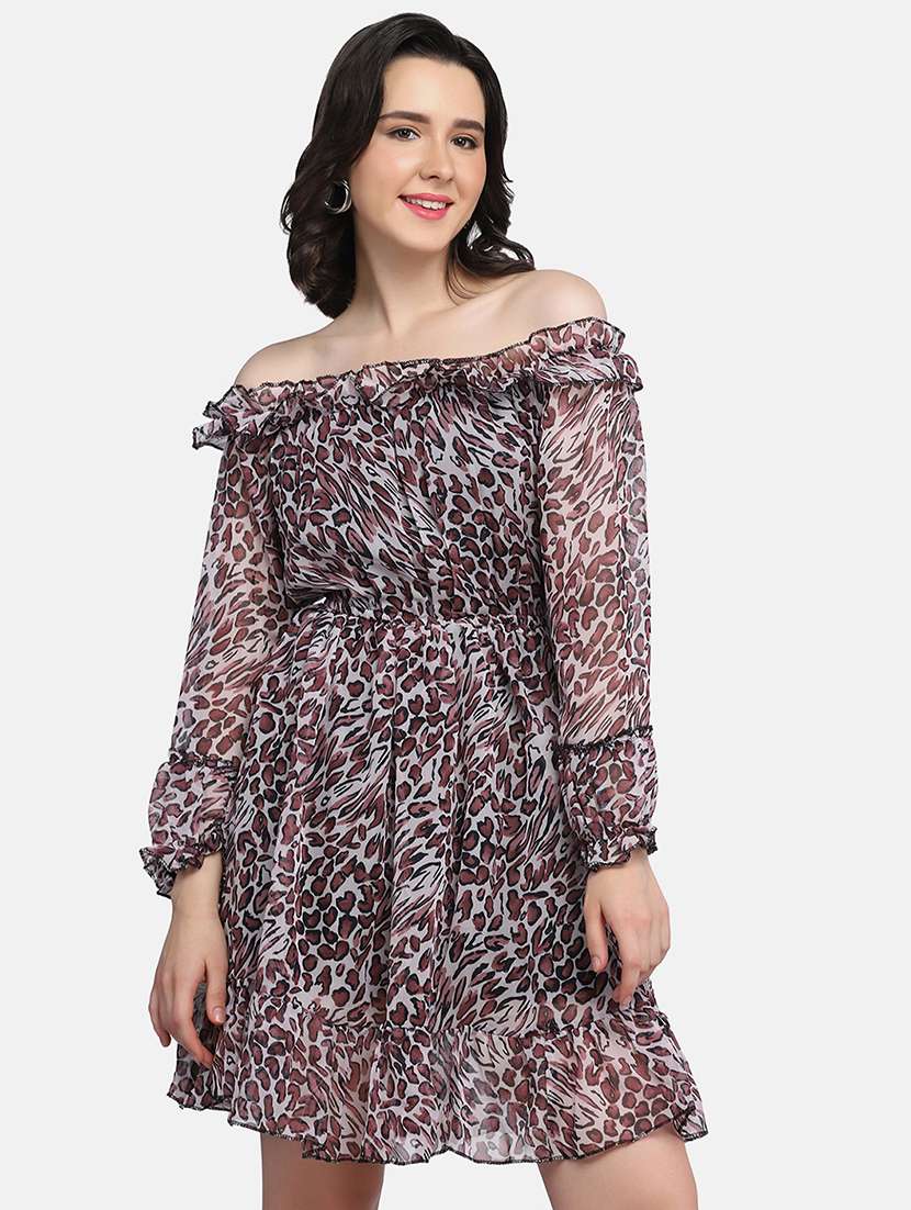 women animal print off shoulder tiered dress - 21946791 - Standard Image - 1