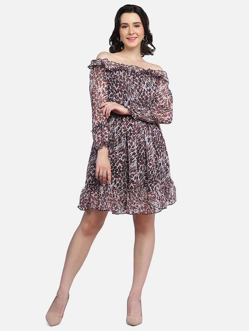 women animal print off shoulder tiered dress - 21946791 - Standard Image - 4