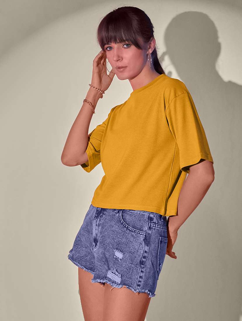 women solid short sleeve crop t-shirt - 21946803 -  Standard Image - 1