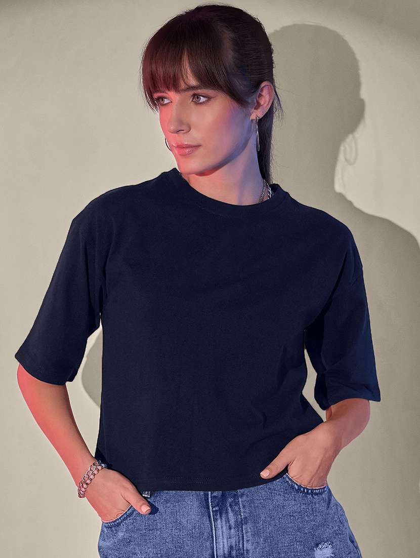 women solid short sleeve crop t-shirt