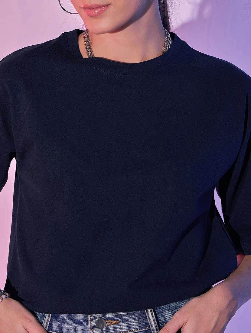women solid short sleeve crop t-shirt - 21946806 - Standard Image - 4