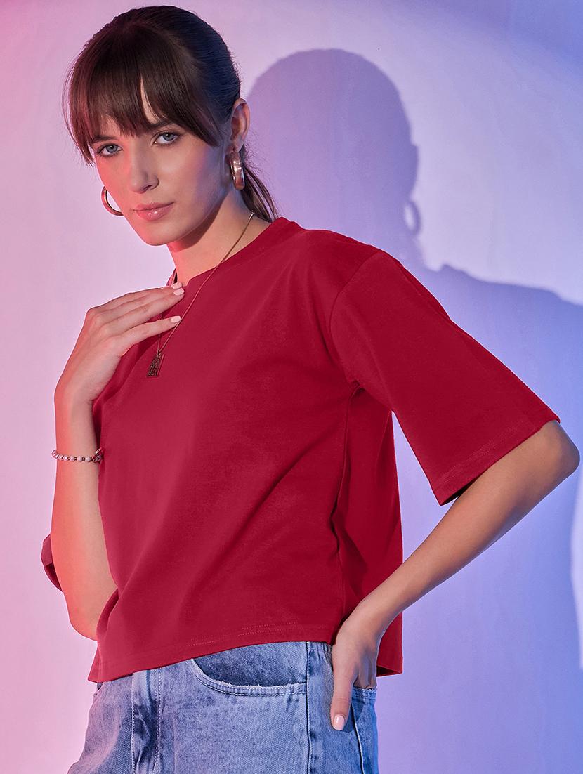 women solid short sleeve crop t-shirt - 21946809 - Standard Image - 1