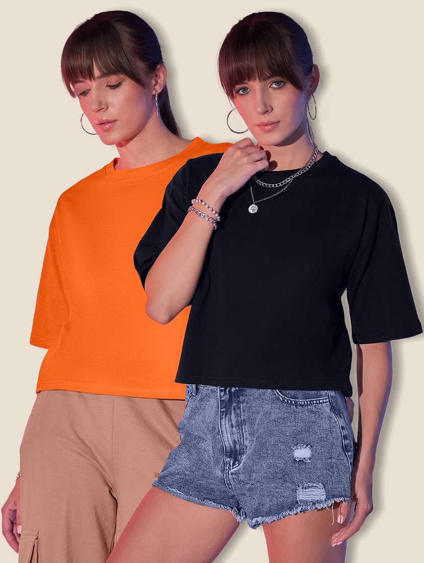 women pack of 2 solid short sleeve crop t-shirt