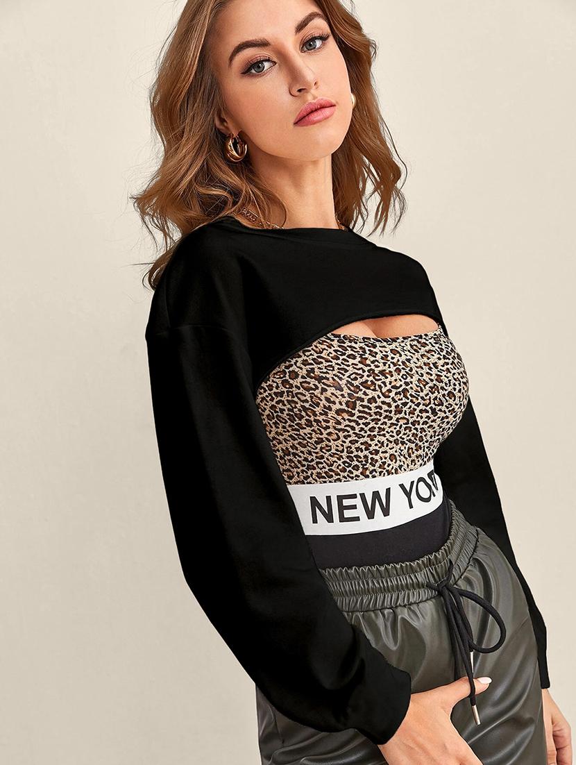 women black solid long sleeve crop top - 21946860 - Standard Image - 1