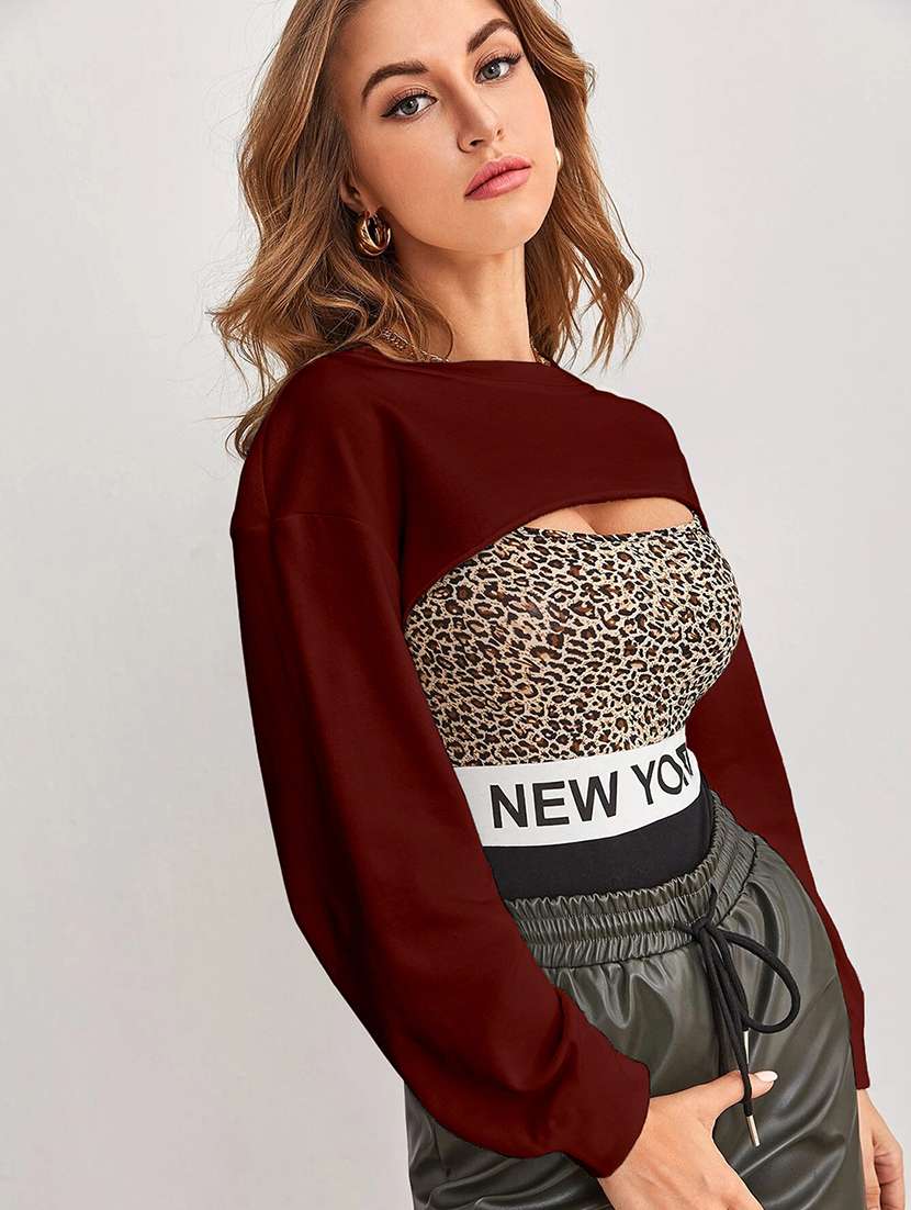 women solid long sleeve crop top - 21946862 - Standard Image - 1