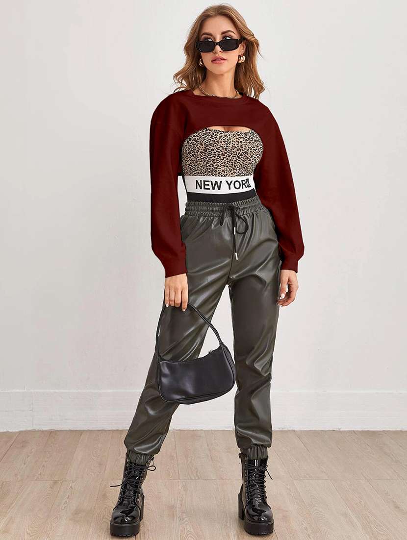 women solid long sleeve crop top - 21946862 - Standard Image - 4