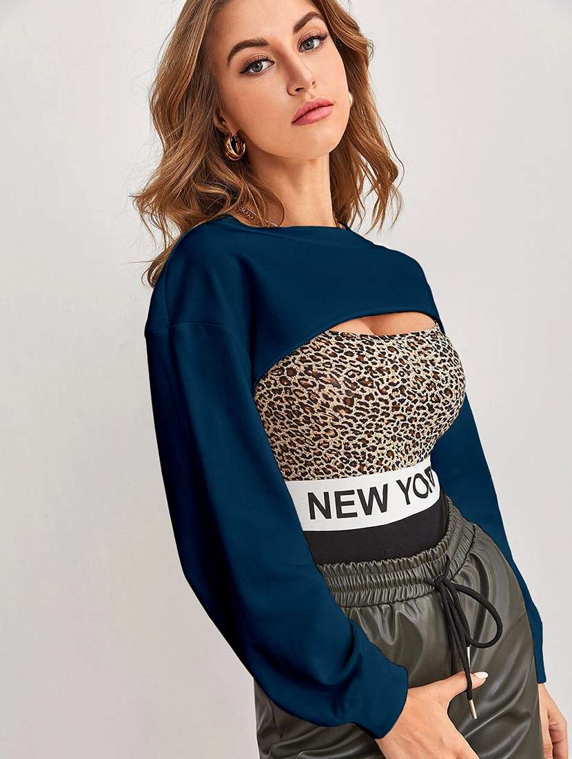women solid long sleeve crop top - 21946864 - Standard Image - 1