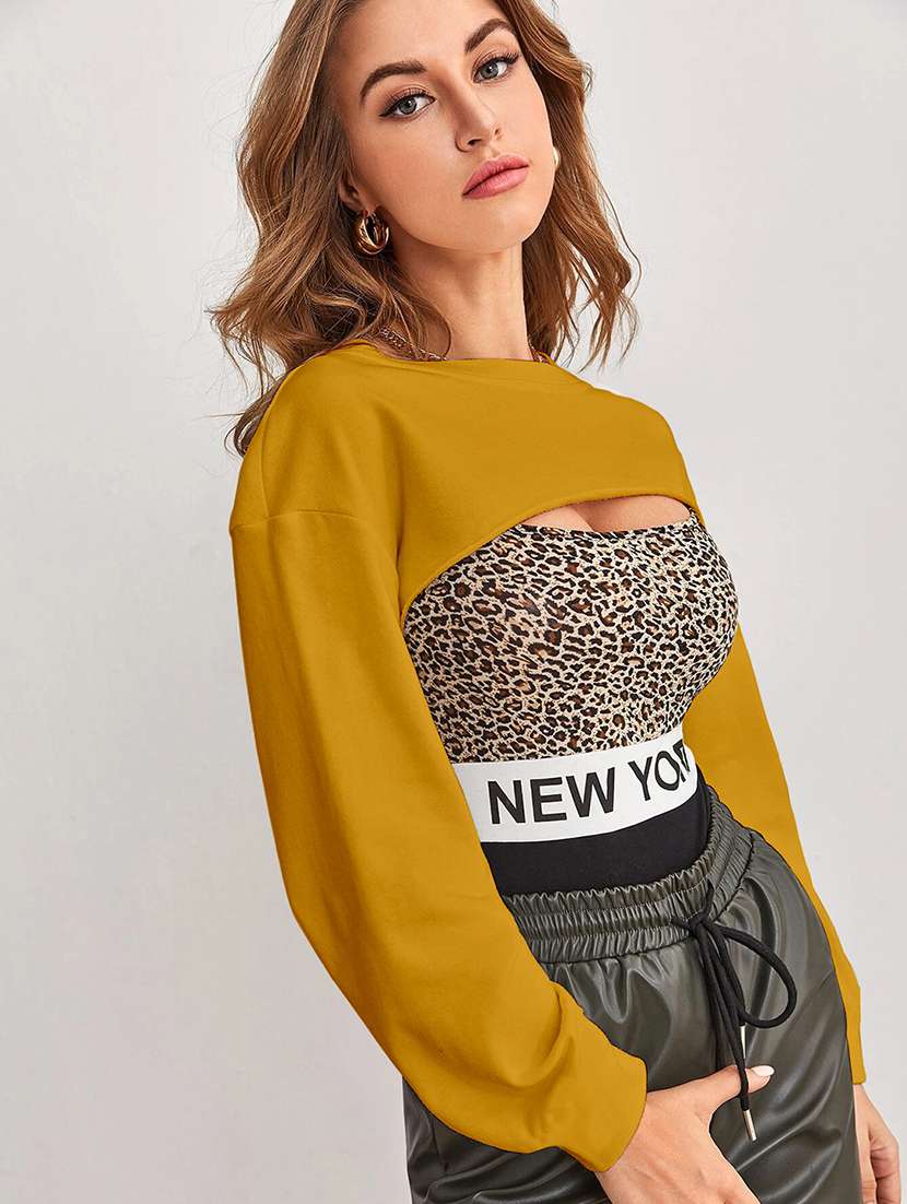 women solid long sleeve crop top - 21946865 -  Standard Image - 1