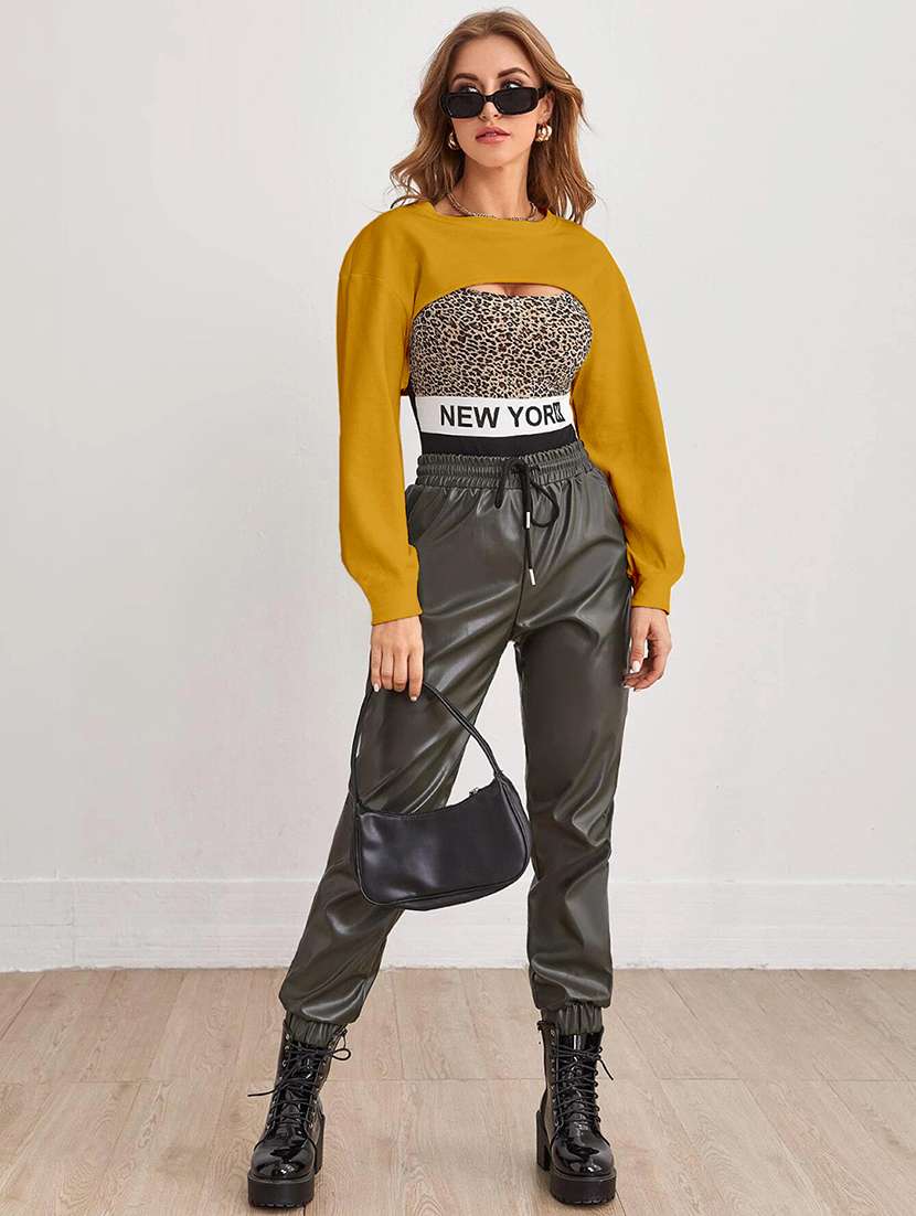 women solid long sleeve crop top - 21946865 - Standard Image - 4