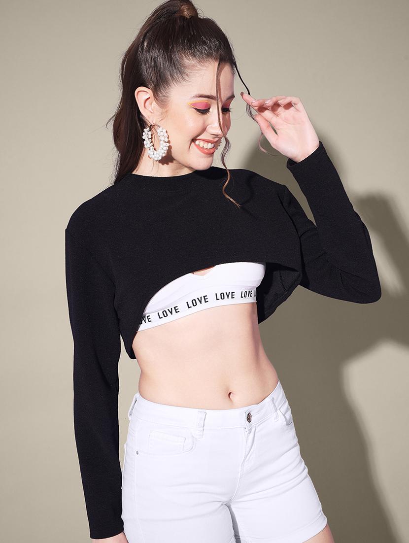 women solid long sleeve crop top - 21946866 - Standard Image - 1