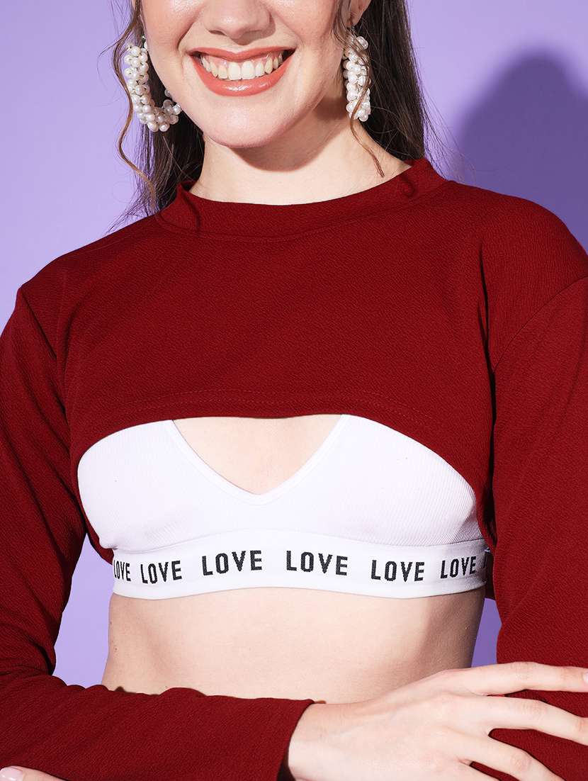 women solid long sleeve crop top - 21946868 - Standard Image - 4