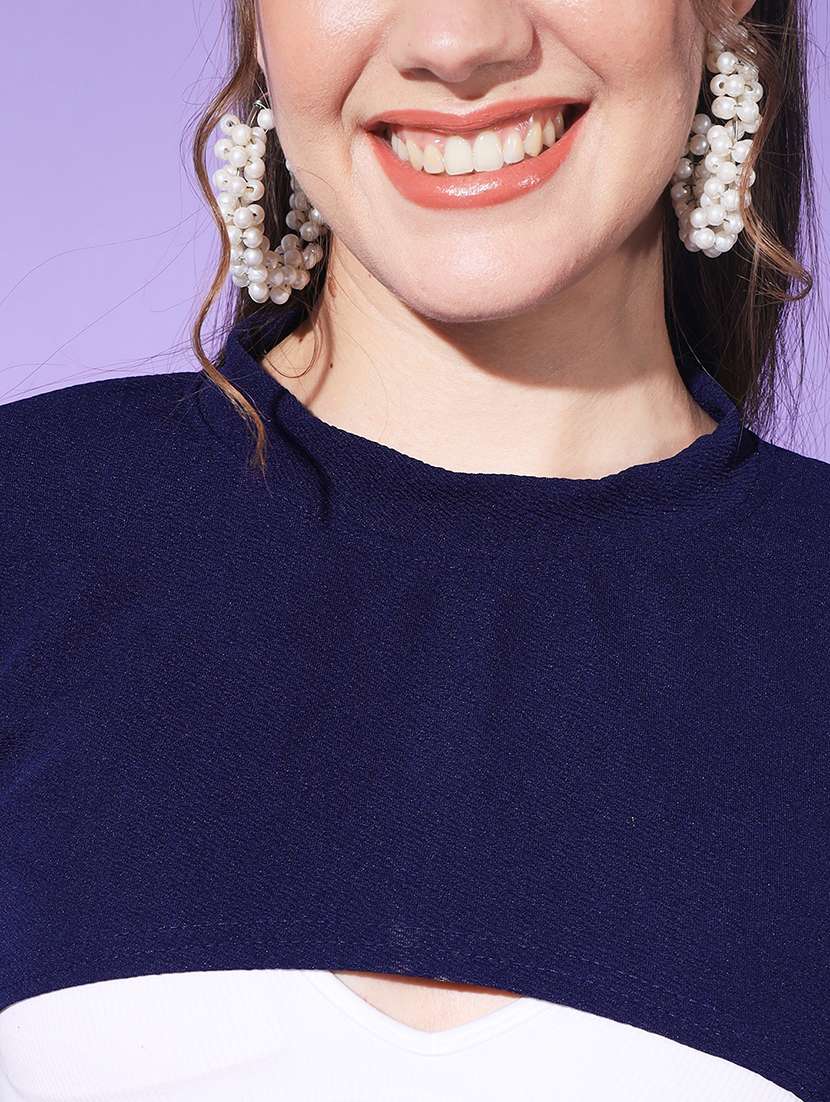 women navy blue solid long sleeve crop top - 21946869 - Standard Image - 4