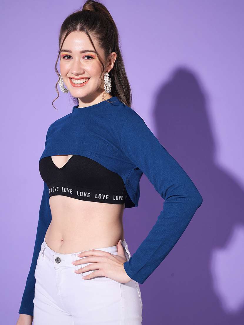 women blue solid long sleeve crop top - 21946870 -  Standard Image - 1