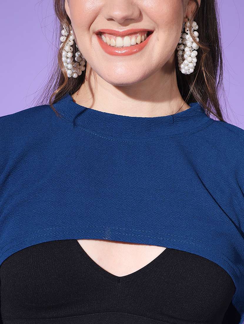 women blue solid long sleeve crop top - 21946870 -  Standard Image - 4