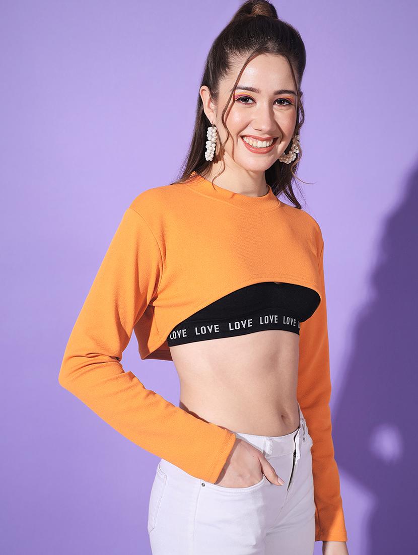 women solid long sleeve crop top - 21946871 - Standard Image - 1