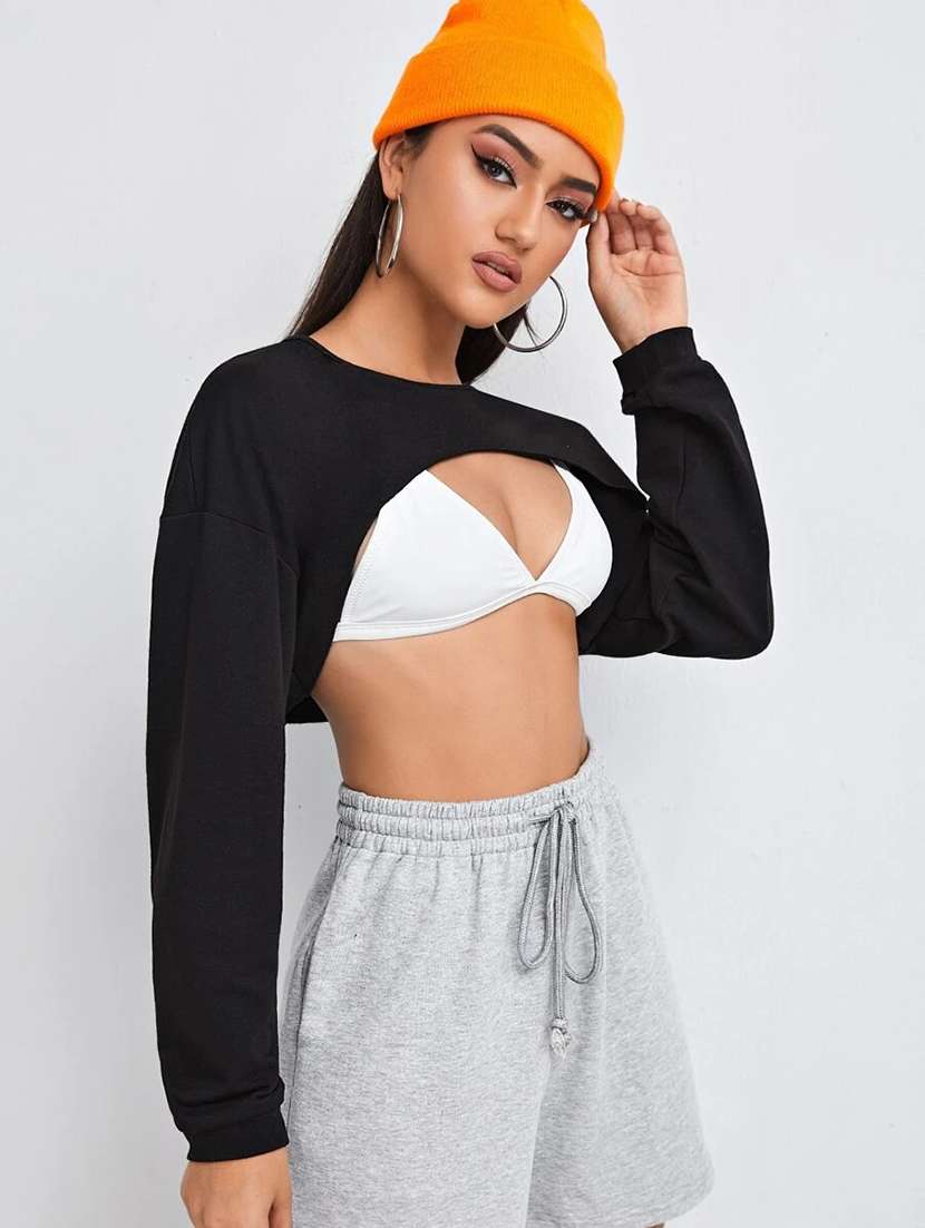 women black solid long sleeve crop top - 21946872 -  Standard Image - 1