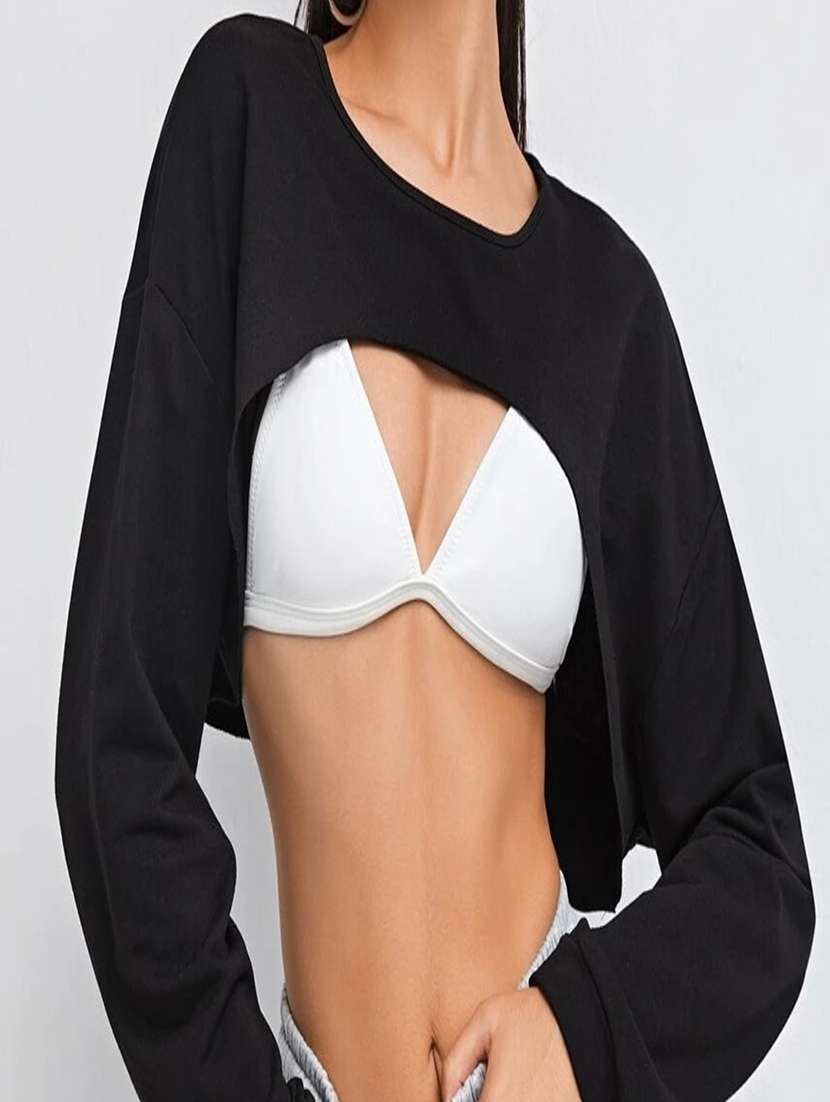 women black solid long sleeve crop top - 21946872 - Standard Image - 4