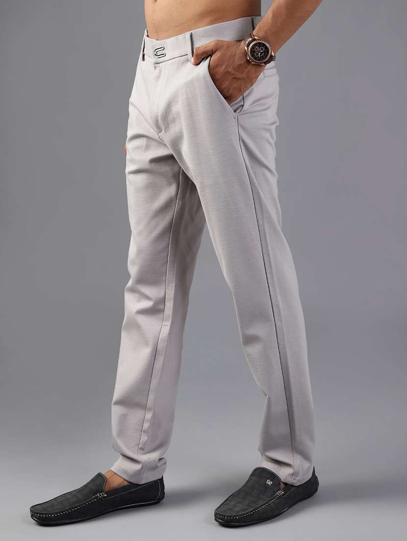 men solid mid rise flat front casual trouser