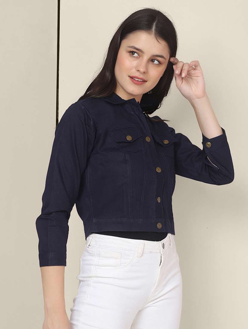 women solid collared denim summer jacket - 21947443 - Standard Image - 1