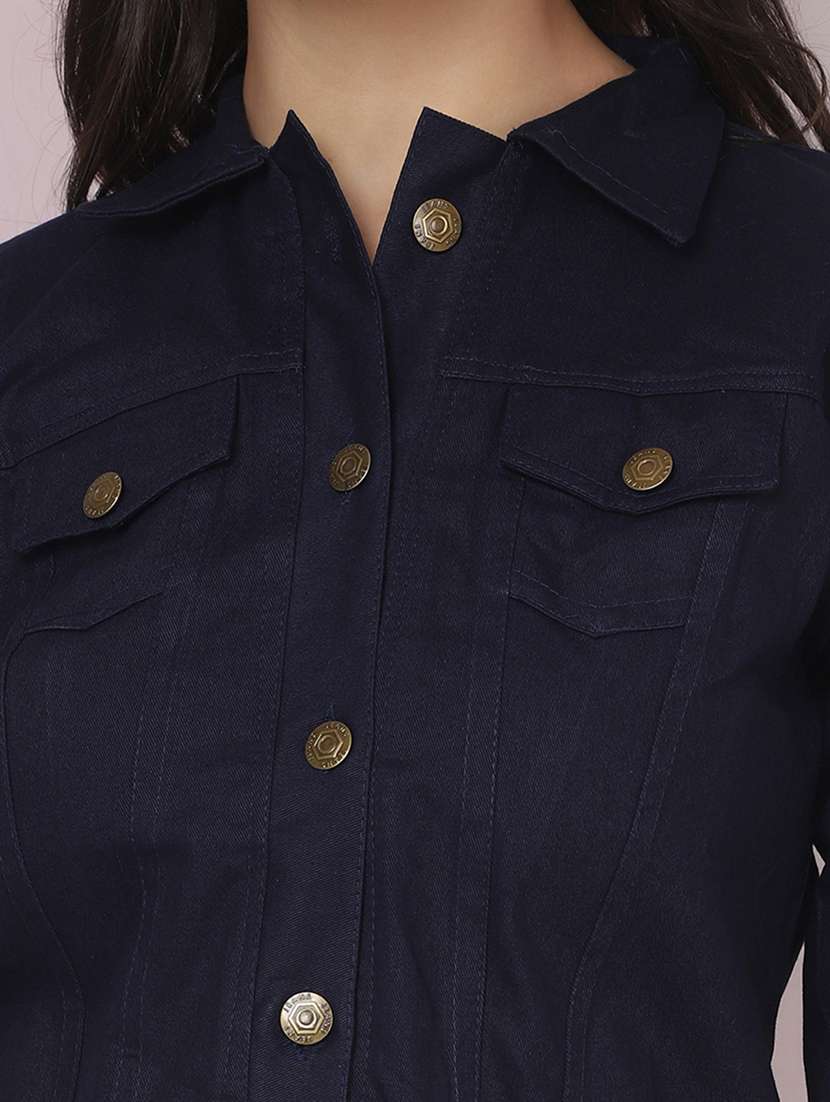 women solid collared denim summer jacket - 21947443 - Standard Image - 4