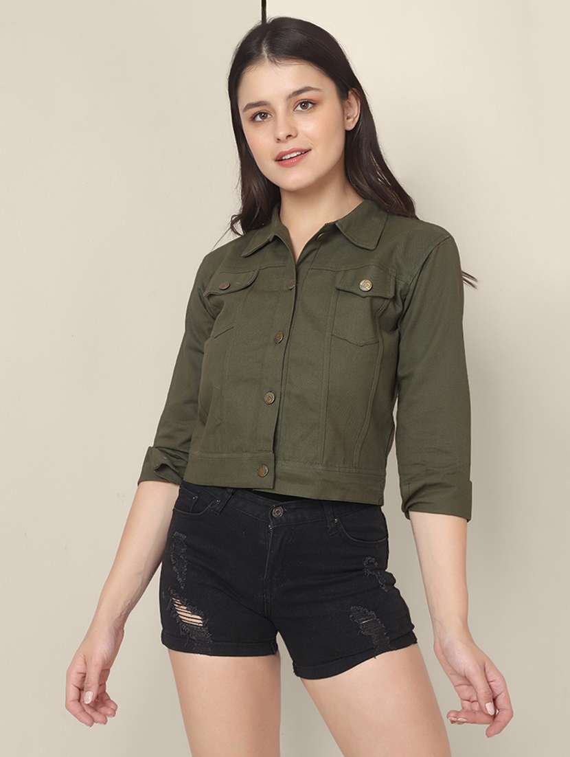 women solid collared denim summer jacket